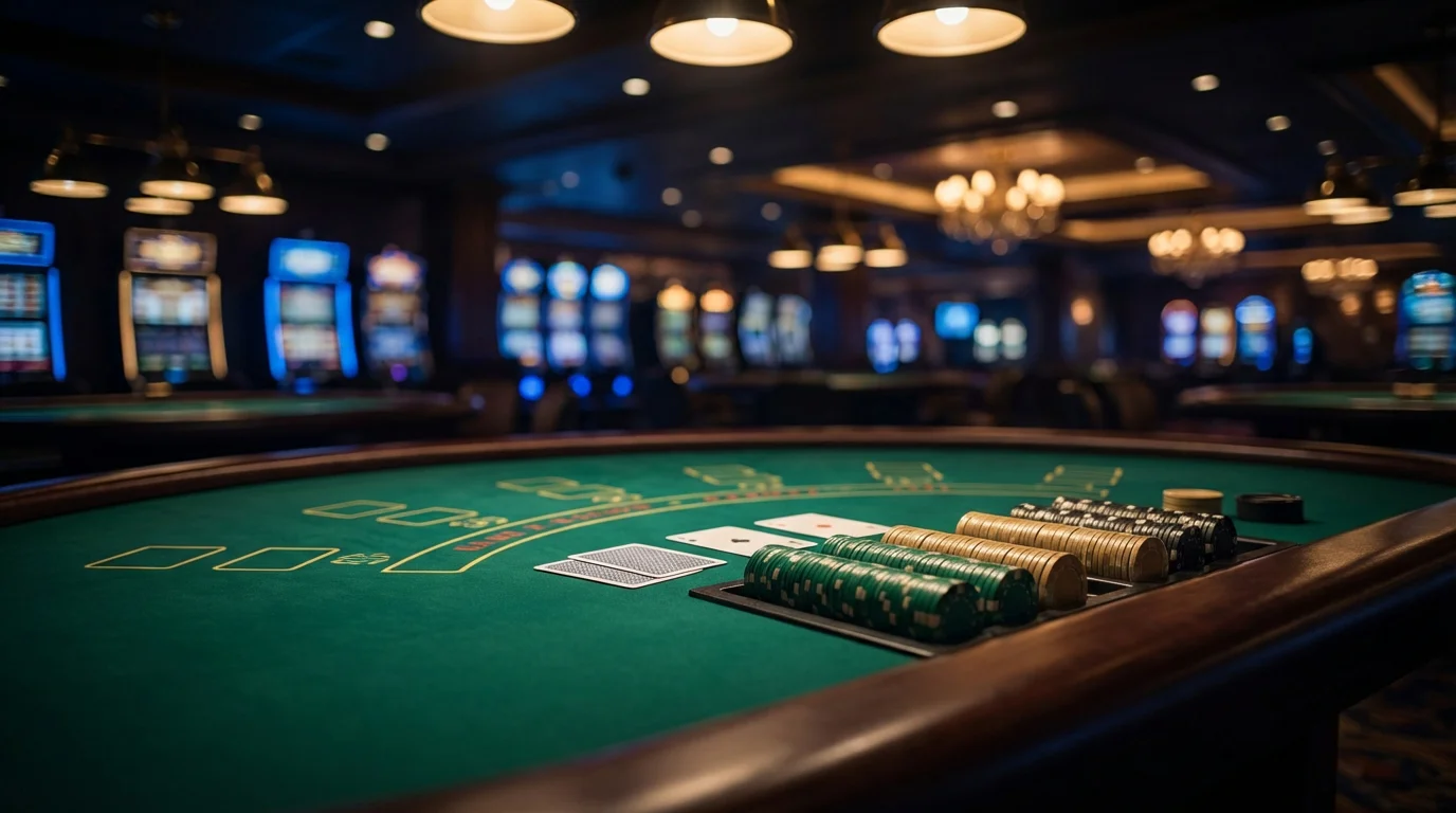 Atmospheric casino table with green felt and poker chips under dramatic lighting, representing the best casinos not on GamStop for UK players