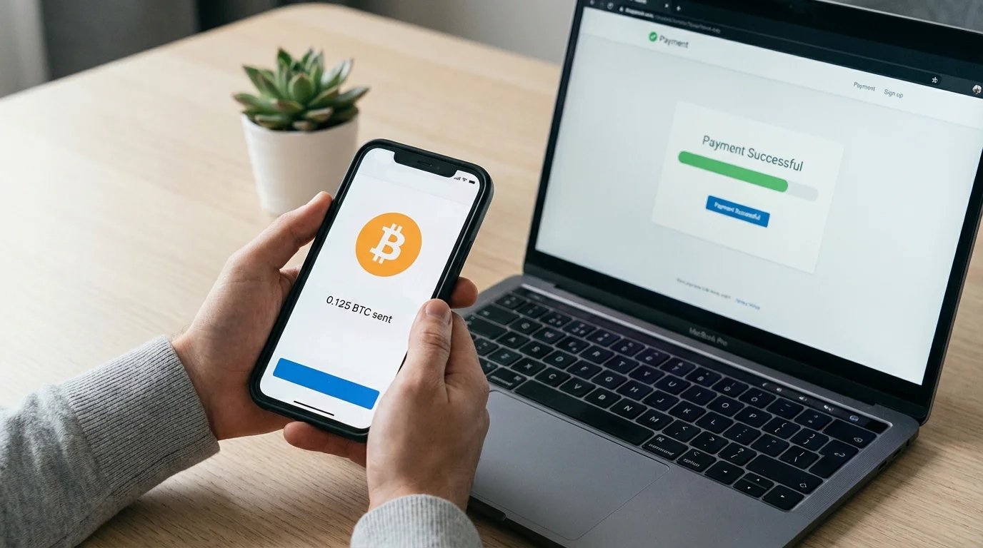 Smartphone showing cryptocurrency wallet interface next to a laptop with an e-wallet payment screen for online casino deposits