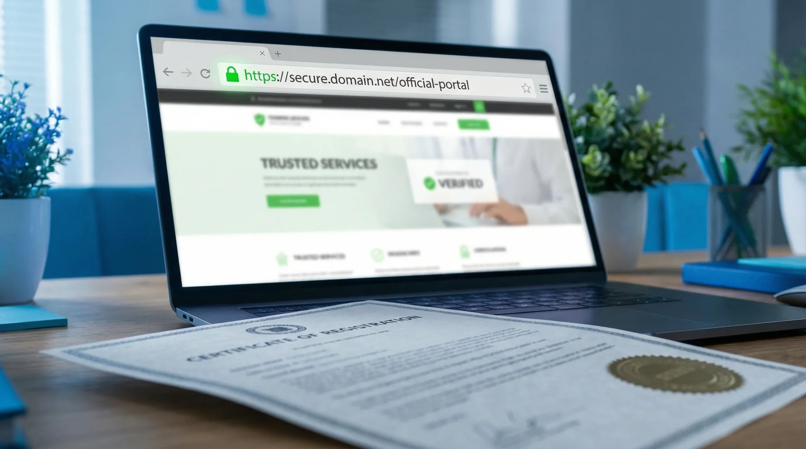 Browser address bar showing HTTPS padlock icon alongside a gaming licence certificate on a desk, representing casino security checks