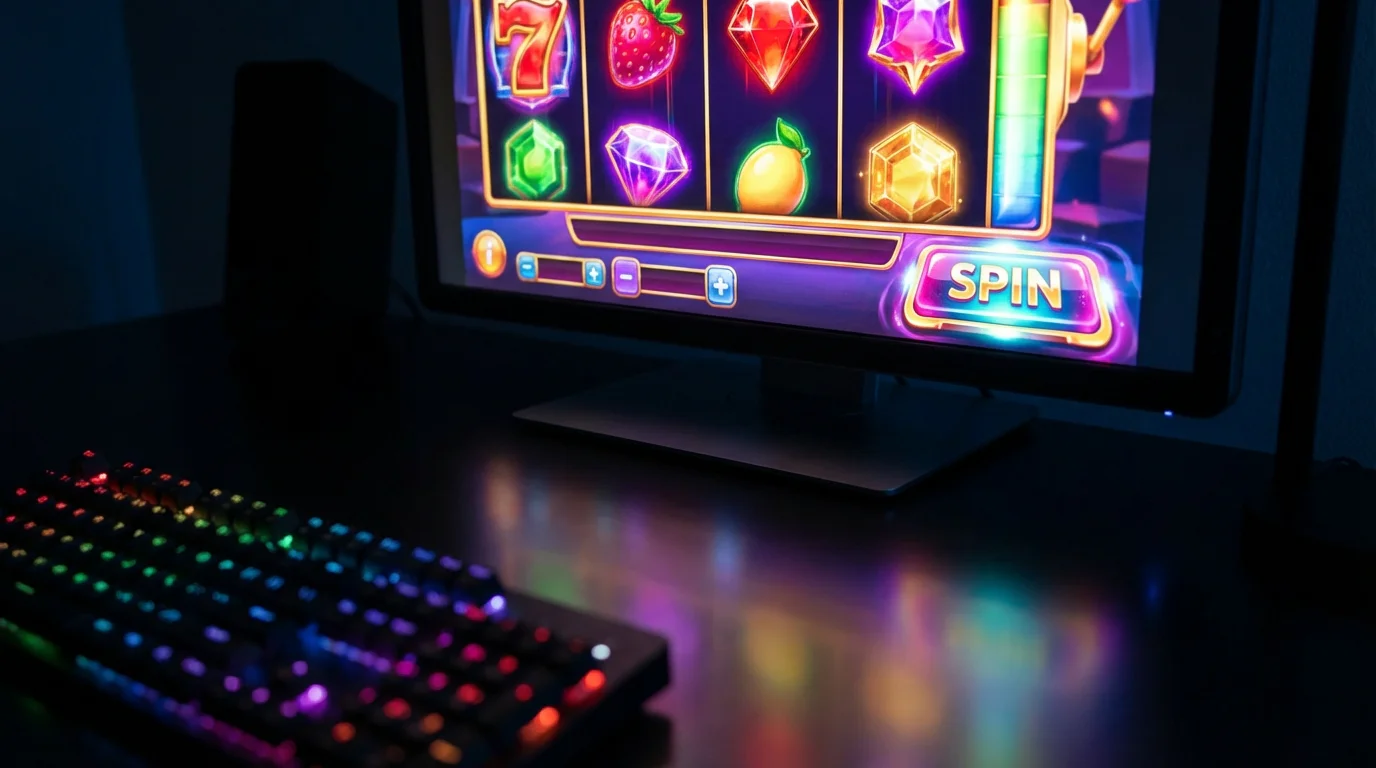 Close-up of a colourful online slot machine interface showing Megaways reels and bonus buy button on a monitor screen