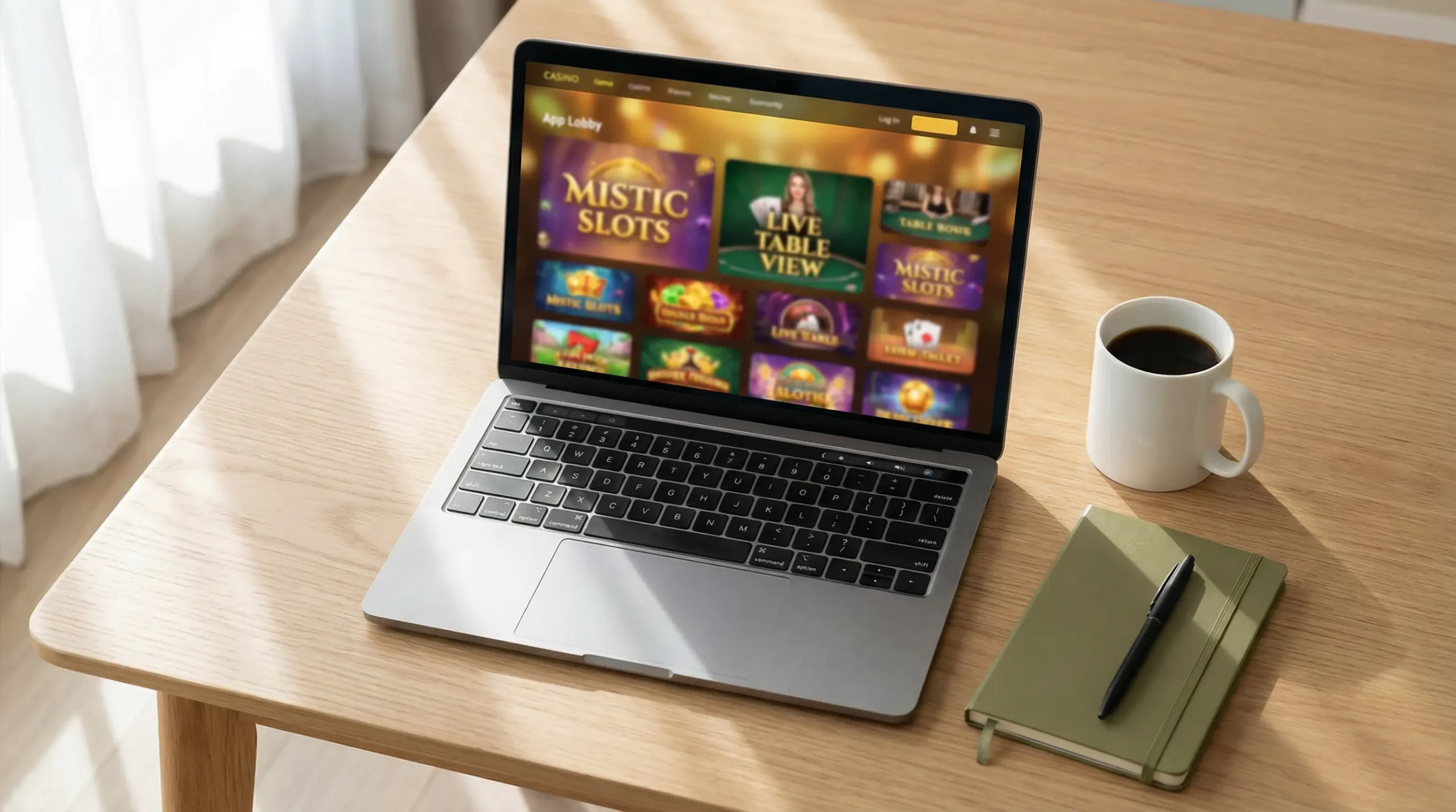 Laptop screen displaying an online casino lobby with slot and live dealer game thumbnails at a non-GamStop site